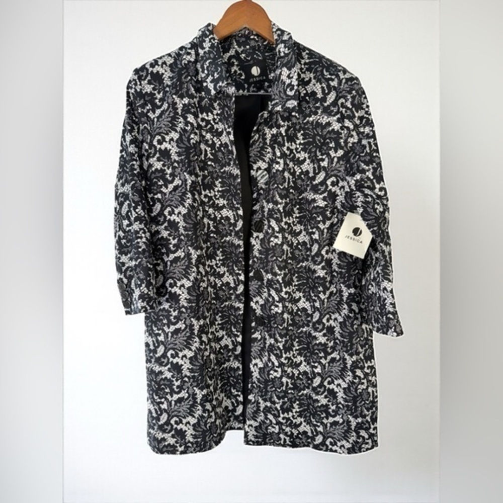 Jessica Black White Floral Jacquard blazer Coat Women’s Size 16 classic